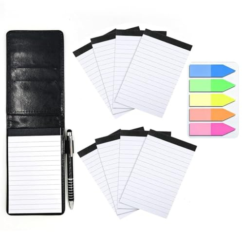 A7 Notizbuch Klein Set mit Stift und 8 Nachfüllpads 100 Haftnotizen Taschennotizbuch Lederoptik für Unterwegs Büro Schule Kompaktes Notizblock Spiralbindung Schreibblock Schwarz Business Design
