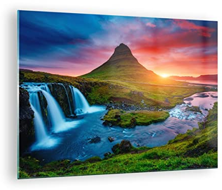 Moderne Impression sur Verre Coucher de soleil Cascade Islande volcan Image Tableau en Verre Decoration Murale 70x50cm Deco Salon Chambre Horizontal Petit Tableaux Decoratifs Muraux Art GAA70x50-2963