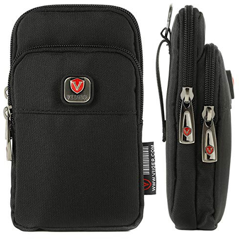 VIIGER Nylon Dual Pocket Phone Case Holster Belt Loop Pouch Bag Mens Zipper Belt Pouch with Clip Smartphone Holder Compatible for iPhone 17 Pro Max iPhone 16 Pro Max S25 Ultra S25+, black