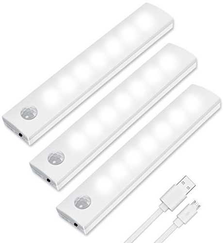 Vicloon LED-sensorljus, 3 st skåpljus med rörelsedetektor och magnetiska remsor, belysning under skåp uppladdningsbar, LED-skåpbelysning för kök, garderob, trappa, låda, hall (vanlig vit)