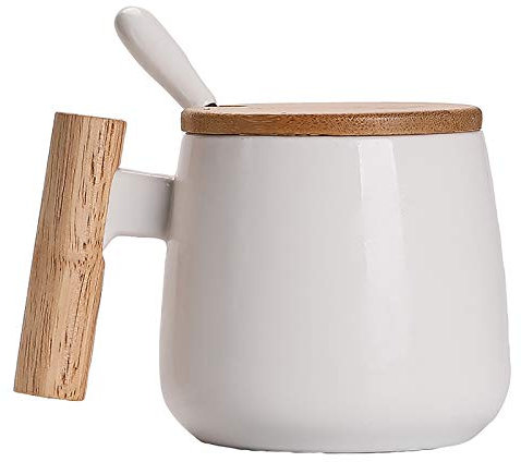 R RUNVEL Kaffeetasse groß Kaffeetassen mit Deckel und Edelstahllöffel KeramikTasse mit Holzgriff 400ml Tassen kaffeebecher Coffee Cup Weiß