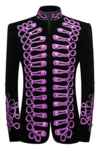 PYJTRL Men's Blazer, Suit Jacket with Golden Embroidery, Black, Purple, L