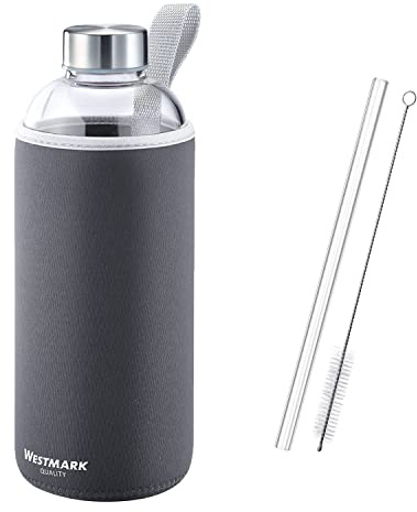 Westmark 527422EA - Borraccia in Vetro con Custodia Protettiva 1000 ml, Cannuccia 21 cm e Spazzola Pulizia Silicone/Gomma Senza BPA Viva Antracite/Argento/Trasparente