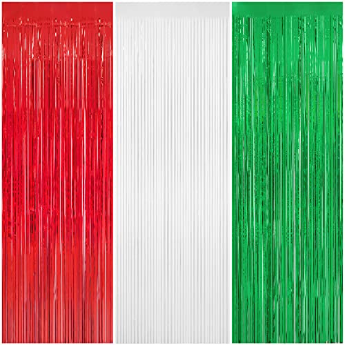 WIQEDOHA 3 Pack Christmas Tinsel Foil Fringe Curtain 8x9.84 Ft Backdrop Curtain Red White Green Streamers for Christmas Fiesta Mexican Italian Birthday Baby Show Party Decorations