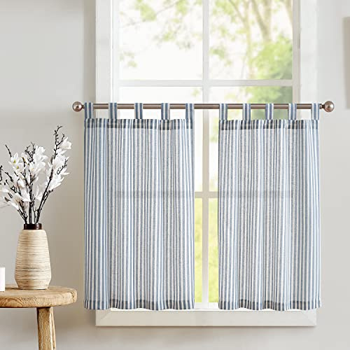 TOPICK Set om 2 stycken H 90 x B 65 (cm) randiga fönstergardiner moderna skollekar linne gardiner med ränder köksgardin ogenomskinliga korta köksgardiner för kök ljusblå blå på beige