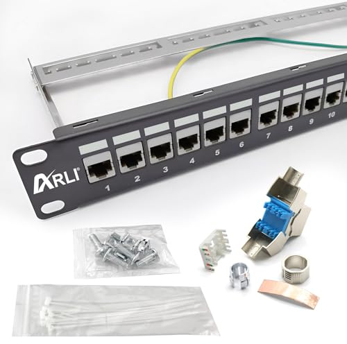 ARLI 24 Port 19 Patchpanel Set Patchfeld Modular 1HE 19 Zoll Rackeinbau + 24x Keystone Module CAT8.1 Kompatibel CAT7 LAN Netzwerk Verlegekabel Schwarz