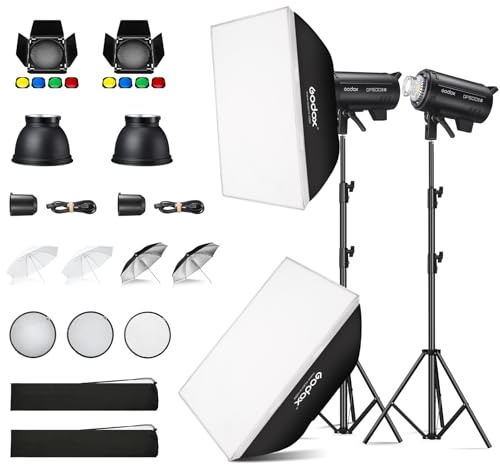 Godox 2 Pcs DP600IIIV Studio Flash Strobe Light Kit, 600Ws Studio Flash Bowens Mount Built-in 2.4G Wireless System,with Honeycomb,Softbox,Light Stand,Compatible for Photography Lighting Flashligh