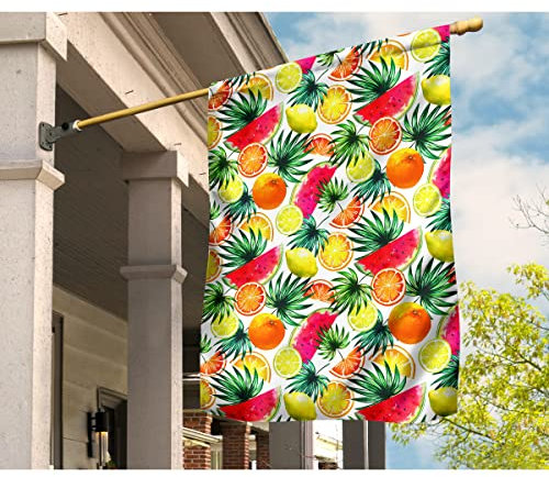 Bannière de fruits tropicaux, pastèque, citron, orange, feuilles de palmier, drapeau de jardin, bannière d'extérieur pour fête en plein air par 32 x 48 cm