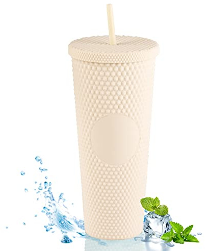 WMLBK Nieten Becher mit Deckel und Strohhalm,710ml Strohbecher Doppelwandige Kaltbecher Wiederverwendbar Plastik Trinkbecher für Saft Kaffee Home Office Wiederverwendbar(Weiß Gelb)