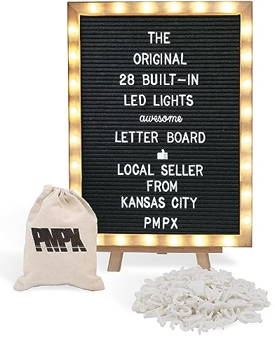 Letterboard THE ORIGINAL schwarzes Filzbrett mit Ständer, integrierte LED-Leuchten, 30,5 x 40,6 cm, Menütafel + Holzrahmen, 690 Buchstaben, Emojis + kursive Wörter – individuelle Schildernachrichten