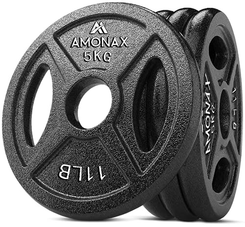 Amonax disque de musculation, plaques de poids de 2,5kg, 5kg, 10kg poids musculation pour barres olympiques 50mm, fonte disques d'haltère pour haltérophilie et hip thrust chez vous