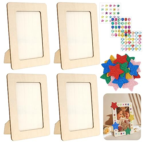 Holz Bilderrahmen 4 Stück 14 x 19cm Bilderrahmen zum Basteln, DIY Holz Bastelrahmen mit Selbstklebende Glitzersteine Sticker, Unbehandelter Holzrahmen für Kinder Tischdisplays Handwerk Malprojekte