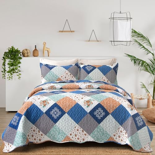 WONGS BEDDING Tagesdecke 220x240 Blau Patchwork Bettüberwurf Gesteppt Bedspreads Blumen Muster Steppdecke Mikrofaser kariertem Tagesdecke mit 2 Kissenbezug 50x75