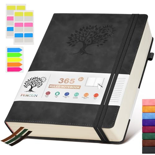 PERCUN A4 Lined Journal Notebook，365 Page Large Leather Journals for Writing Women Men，Hardcover Notebook with 100Gsm Thick Pages for Travel，Work，School，College Ruled, Daily Diary (8.5 x 11.4)