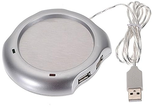 Leadigol 1 calentador de bebidas USB, taza de bebidas plateada, 4 puertos USB, concentrador USB, calentador eléctrico para té, café, taza de té, calentador para el hogar y la oficina