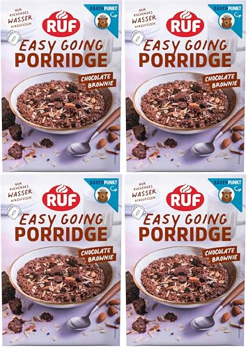 RUF Porridge Chocolate Brownie mit Brownie-Bites und Schokostückchen, purer Brownie Genuss in der Müsli Schale für alle Schokoholics, 1 x 65g Beutel (Packung mit 4)