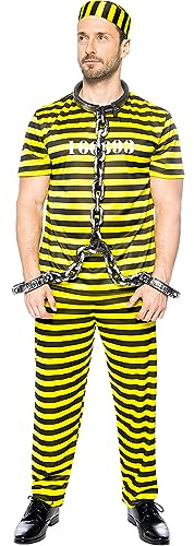 Funidelia | Disfraz de preso para hombre Ladrón, Preso, Delincuente, Profesiones - Disfraz para adultos y divertidos accesorios para Fiestas, Carnaval y Halloween - Talla S - Amarillo