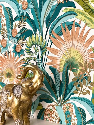 Newroom Vliestapete Türkis Dschungel Tapete Wohnzimmer Schlafzimmer | Palmwedel, Blüten und Ananasmotiv, feine Leinenstruktur, Petrol, Aprikot auf Weiß, Mustertapete für Kinderzimmer und Büro