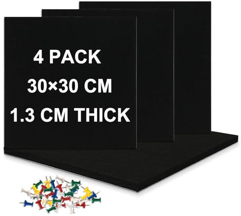 DOLLAR BOSS Felt Pin Board Cork Board 4 PCS, 30×30cm Self-Adhesive Cork Boards for Walls 1.3cm Thick Felt Board Tiles, Notice Board Bulletin Board Memo Board with Pins for Home Bedrooms Photos Black