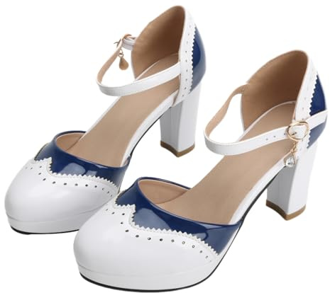 Mary Janes för kvinnor platåklackar rosett Kawaii skor vintage klänning pumps, Tvådelad blå, 37.5 EU