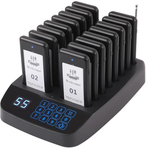 LOUKIENE Restaurant Pager System, 16 Pagers, Wireless Calling System | Replaceable Stickers, Vibration Flash and Buzzer, Mute Button, 984ft Range, for Queue in Churches Hospital Hotel Bar Eatery
