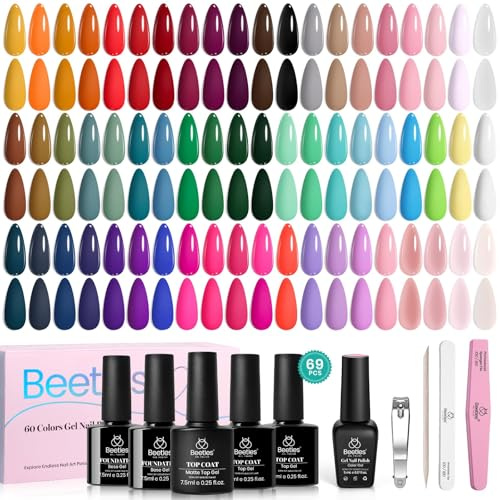 Beetles Gel Polish Set, 69 Pcs Gel Nagellack Set– 60 Farben Nail Kit mit Basislack glänzend matt Decklack Rot Nude Weiß Blau Green Violett Jelly Rosa Nagellack Jahreszeiten Geschenke für Frauen
