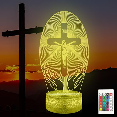 Okayera 3D Jesus Cross Night Light, Optical LED Religious Gift Lamp, Illusion 16 Color Changing + Remote Control, Christian Catholic Birthday Confirmation Mothers Day Gift to Mum Women Kid