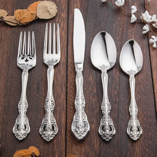 Luxuriöses, feines Silberbesteck-Set für 12 Personen, 60-teiliges Besteck-Set mit Reliefskulptur, durchbrochenes Design, elegantes Tafelset, Besteck-Set aus Edelstahl 18/10, Utensilien-Sets für das R