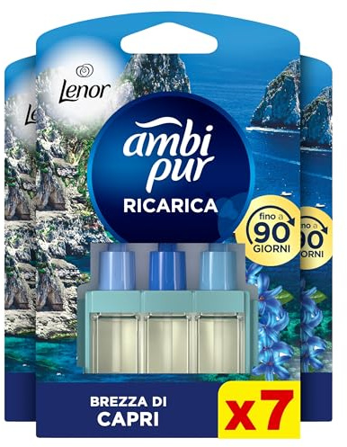Ambi Pur 3Volution Ricarica Profumatore Elettrico, 7 Pezzi, Lenor Capri | Tecnologia elimina odori, fragranza Brezza di Capri, fino a 90 giorni
