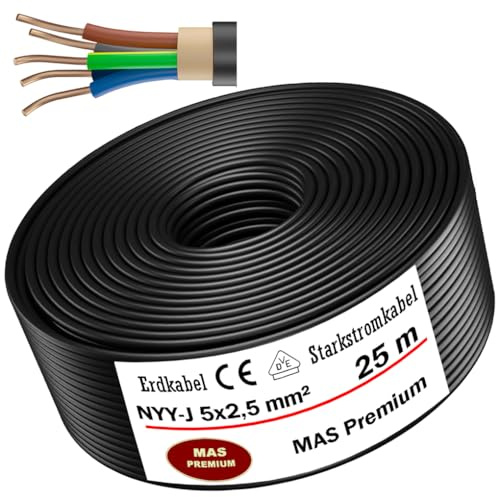 MAS Premium Von 5m bis 100m Erdkabel Starkstromkabel NYY-J 5x2,5 mm² Elektrokabel zur Verlegung im Freien, Erdreich (25m)
