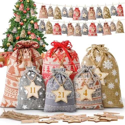 Adventskalender zum Befüllen,24 Adventskalender Selber Befüllen Weihnachtskalender Selbst Befüllen Stoff Adventskalender Säckchen mit 2 Größe Adventskalender Tüten mit Zahlen aus Holz für Kinder