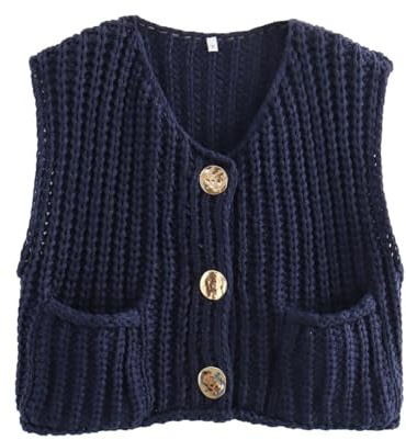 KWPHGLQA Gilet en Tricot épais décontracté for Femme, Pull sans Manches en Patchwork à Boutons dorés avec Collier, 8 Couleurs(H,S)