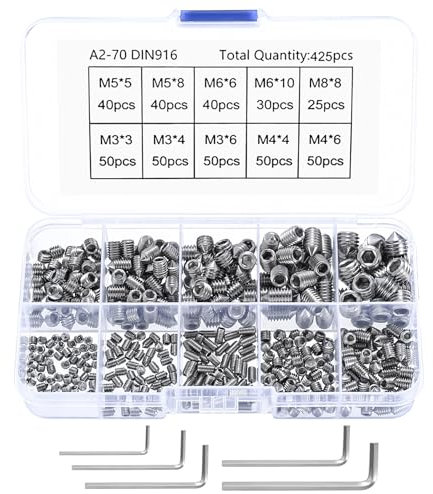 425 pointed screws mixed, Stainless Steel Cone Point Screws, M3 M4 M5 M6 M8 Hex Head Thread Socket Screw Assortment Kits with a Storage Box