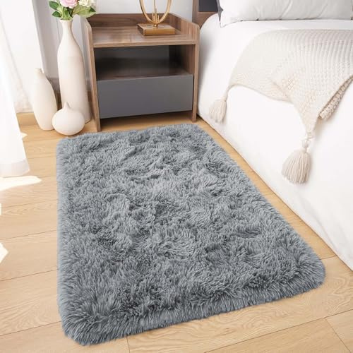 BedLooms Rugs Living Room 60x110 cm – Grey Area Rugs for Bedroom Non Slip – Modern Super Soft Plush Carpets Fluffy Shaggy Rug for Lounge, Dining Room – Non Shedding Bedside Rug for Kids Room