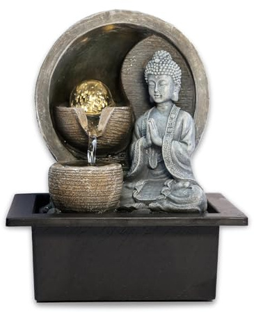 Zen Buddha - Fountain da tavolo per interni, con sfera di cristallo e luce a LED, 3 livelli, per decorazione della casa, altare e spazi spirituali, funzione acqua rilassante, 21 x 17,5 x 26 cm
