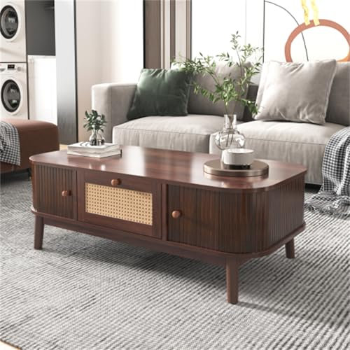 Der Elegante Couchtisch Mit Schubladen Im Rattan Design Und Schiebetüren Aus Massivholz Mit Viel Stauraum Eignet Sich Perfekt Für Den Einsatz Im Wohnzimmer(Color:Wooden + Light Yellow Coffee Table)