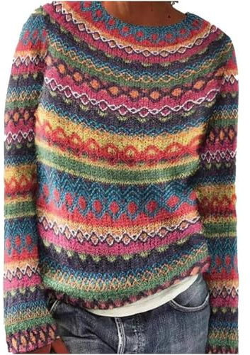 JIABAOZ Norweger Pullover Damen Kaschmir, Eleganter Bunter Strickpullover, Weicher Wollpullover mit Rundhals und Langarm, Warmes Herbst-Winter Outfit in Großen Größen (L,Magenta)