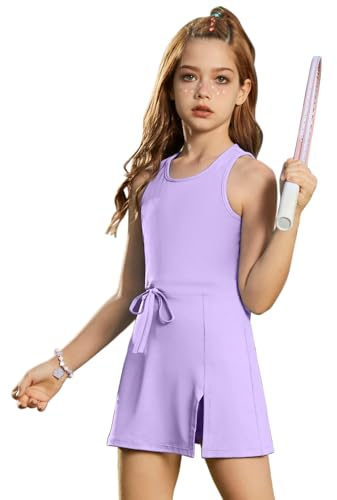 Ärmelloses Tenniskleid für Mädchen, Tank-Top, Skorts, Röcke, hohe Taille, Seitenschlitz, Outfit, athletische Sets mit Shorts und Taschen, Violett, 4-5 Jahre