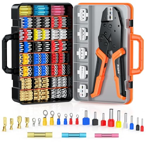 Preciva 6 PCS Crimping Tool Set with 395 PCS Connectors, Ratcheting Wire Crimper Tool for Heat Shrink,Insulated Connectors,Open Barrel,Circlip Terminals,Tube Terminals,Solar