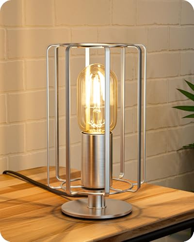 EDISHINE Table Lamp, Industrial Nickel Cylindrical Cage Lamp, Bulb Included | On-Off Line Switch, E27 Socket, 4W 2400K Amber Bulb, 21.5cm, Bedside Lamp for Bedroom, Living Room, Office, Dining