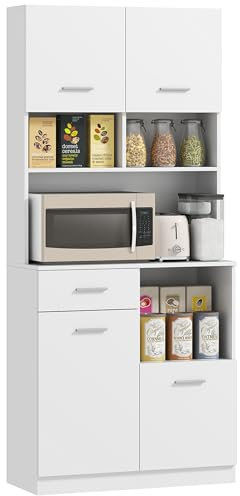 HOMCOM Küchenschrank, Hochschrank mit verstellbaren Regal, Schublade, Buffetschrank mit Soft-Close-Tür, Vitrinenschrank Aufbewahrungsschrank für Küche Esszimmer 80x35x180 cm Weiß