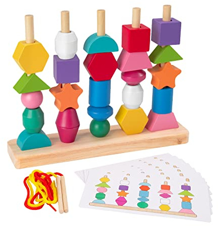 Jesustree 2-in-1 Montessori Giochi in Legno 3 4 5 Anni, Giocattoli Blocchi Geometrici Colorati Impilabili e Abbinabili, Puzzle Perline Giochi da Infilare Giocattolo Educativi Regalo per Bebè Bambini