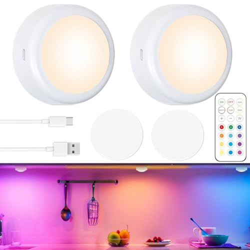 2 Pezzi Luci Puck,Luci Puck Led Ricaricabili,13 colori illuminazione sotto il mobile,luci led ad incastro,Luce a spinta magnetica con dimmer e timer per camera da letto,cucina,armadio,scale,auto