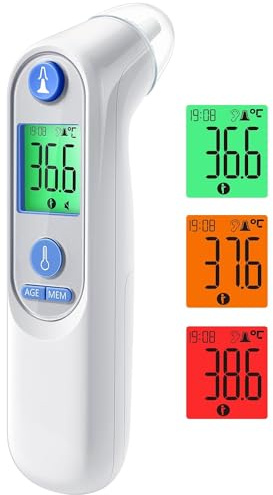 Digitales Infrarot-Ohrthermometer für Babys, Erwachsene & Senioren – Präzise Alterserkennung, farbcodiertes Display, 21x Hygienekappen, 1-Sekunden-Messung & Fieberalarm (Weiß)