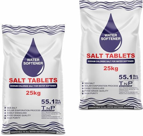 TnP 25 Kg Salt Tablets Water Softener Food Grade Compatible to All Water Softner Machines Food Grade 100% Genuine British Salt Tablet Of Premium Quality Best For Laundry Kitchen Dish Washing (2 Bags)