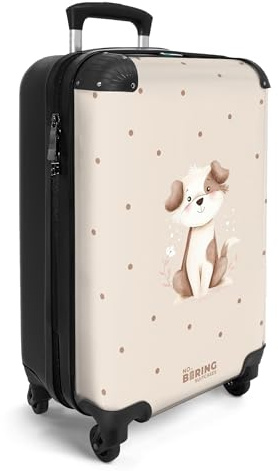 NoBoringSuitcases© Handgepäck Koffer Kinder Reisekoffer Kinderkoffer 4 | 55x35x20 cm - Rollen Leicht Cabin Kindertrolley Reise Hartschalenkoffer Hund - Braun - Weiß - Tupfen