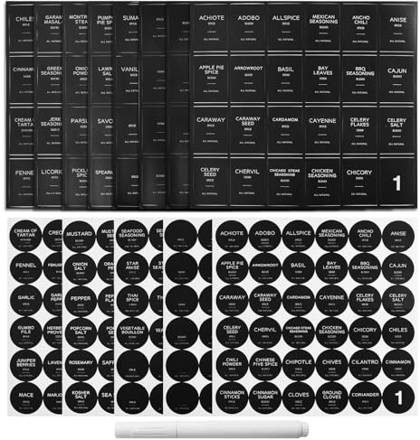 372 etiquetas autoadhesivas para especias, frascos de especias negras, pegatinas rectangulares y redondas, con 1 rotulador de pizarra blanca, para tarros, tarros de especias, tarros de almacenamiento