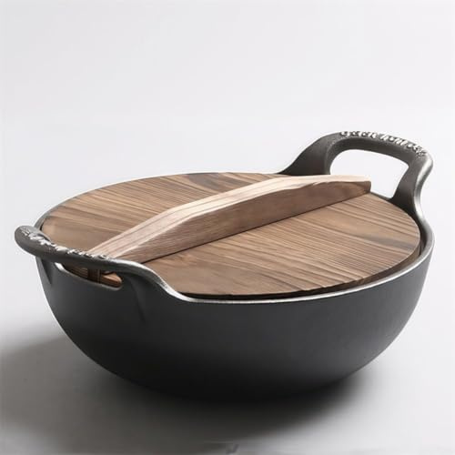 Cast Iron Wok Pan Uncoated Dual Handles and Wooden Lid Flat Bottom Cookware | Non-Stick Frying Pan For Induction Gas Electric Stove For Stir-Frying, Deep-Frying, Braising, Steaming