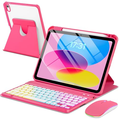 EAMPANG Case with Keyboard Mouse for iPad A16 11th 10th Generation 11/10.9 | inch,Rainbow Backlit Detachable Keypad Rotatable Magnetic Cover Pencil Holder for iPad 11 2025 10 Gen 2022 Watermelon