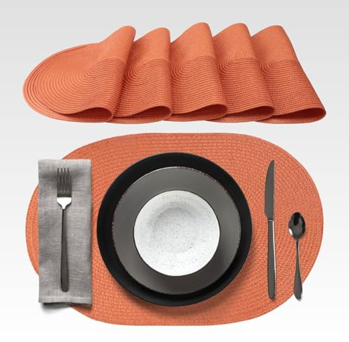 AGYO Set 6 Tovagliette Ovali Intrecciate 44 × 29,5 cm – Placemat in PP Arancione Terra, Antiscivolo, Lavabili e Arrotolabili – Design Elegante per Tavola, Cucina e Outdoor